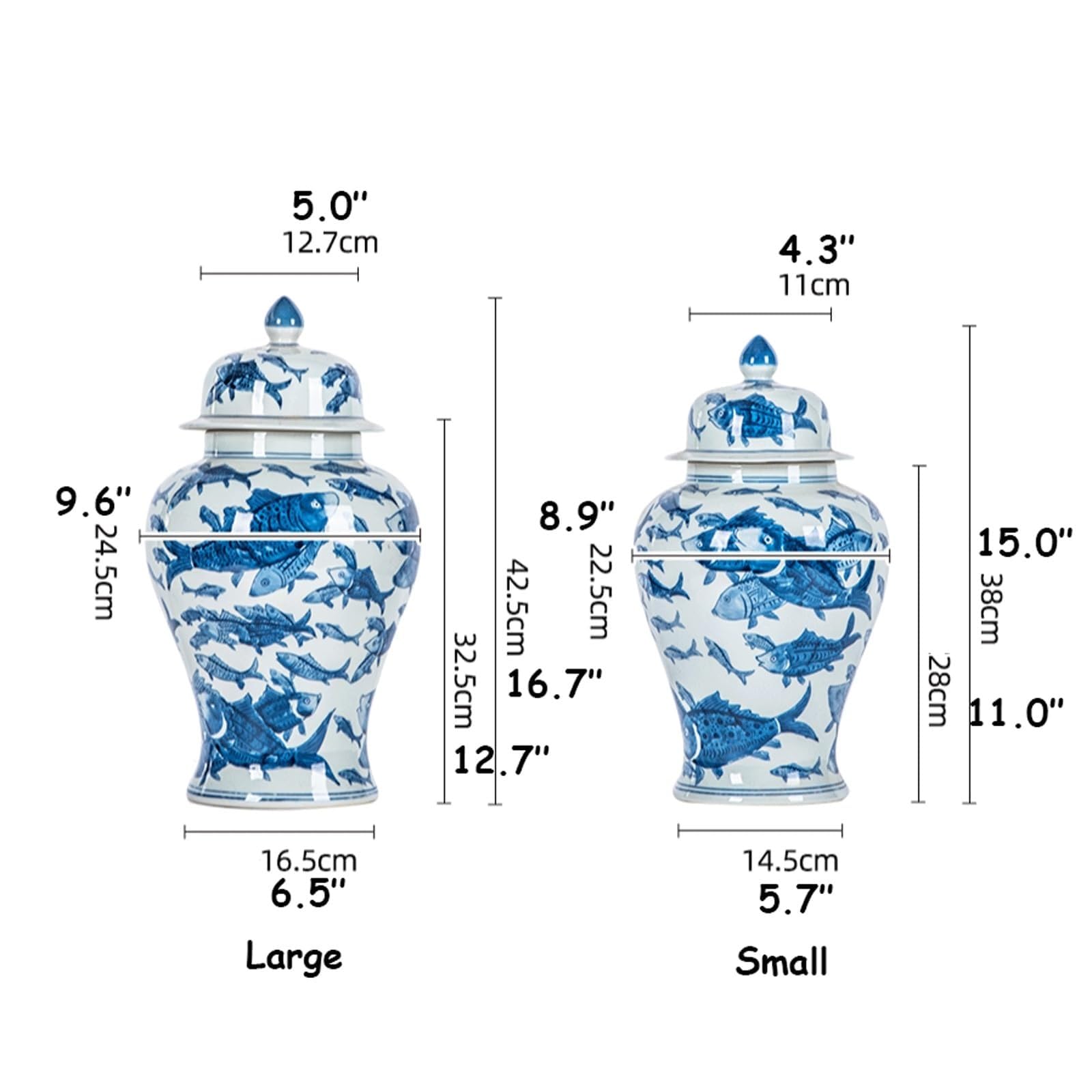 EYPKPL Tempelglas Jingdezhen-Keramikvase Blaues und weißes Porzellan-Fisch-Ingwer-Glas mit Deckel Chinesisches handbemaltes orientalisches dekoratives Glas(16.5x42.5cm)