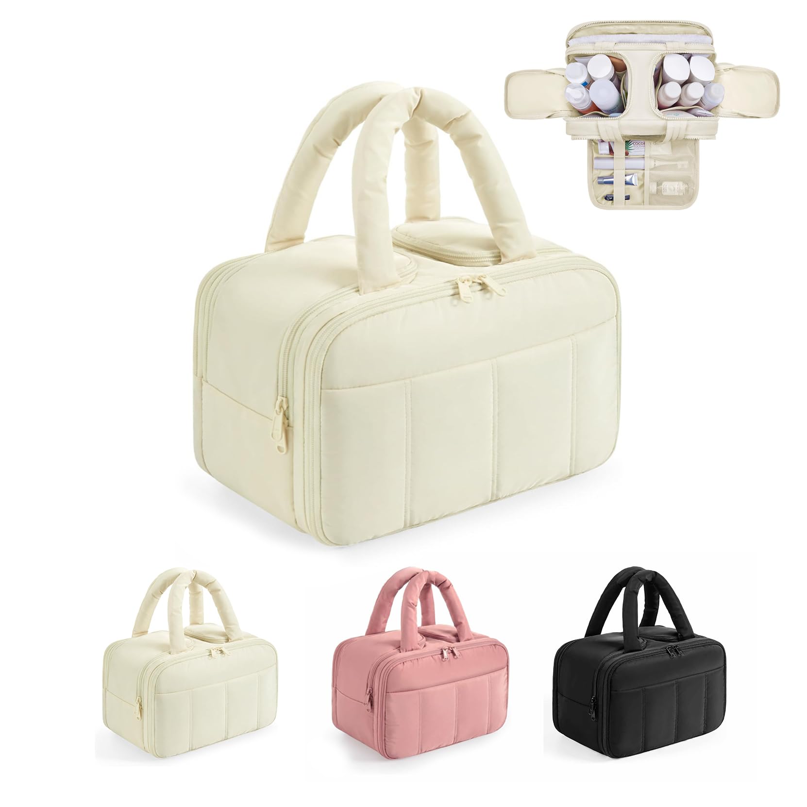 Neceser de viaje hinchado para mujer, organizador de cosméticos ligero con compartimentos y asa para húmedo y seco, bolsa de maquillaje grande para artículos esenciales, Beige, Neceser de