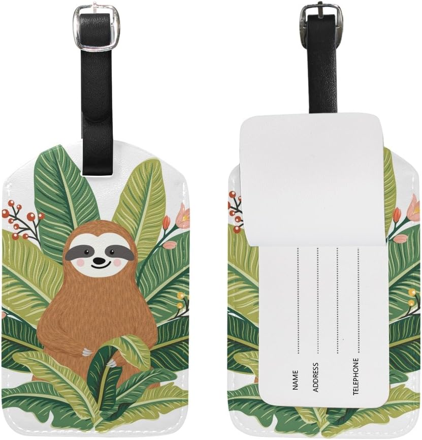 ALAZA Cute Sloth Tropical Leaves Luggage Tag Leather Travel ID Bag Label for Suitcase Baggage 1 Piece