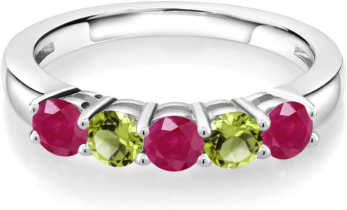 Gem Stone King 925 Sterling Silver Red Ruby and Green Peridot Wedding Band Ring For Women (1.16 Cttw, Round 3.5MM, Gemstone July Birthstone) - Image 2