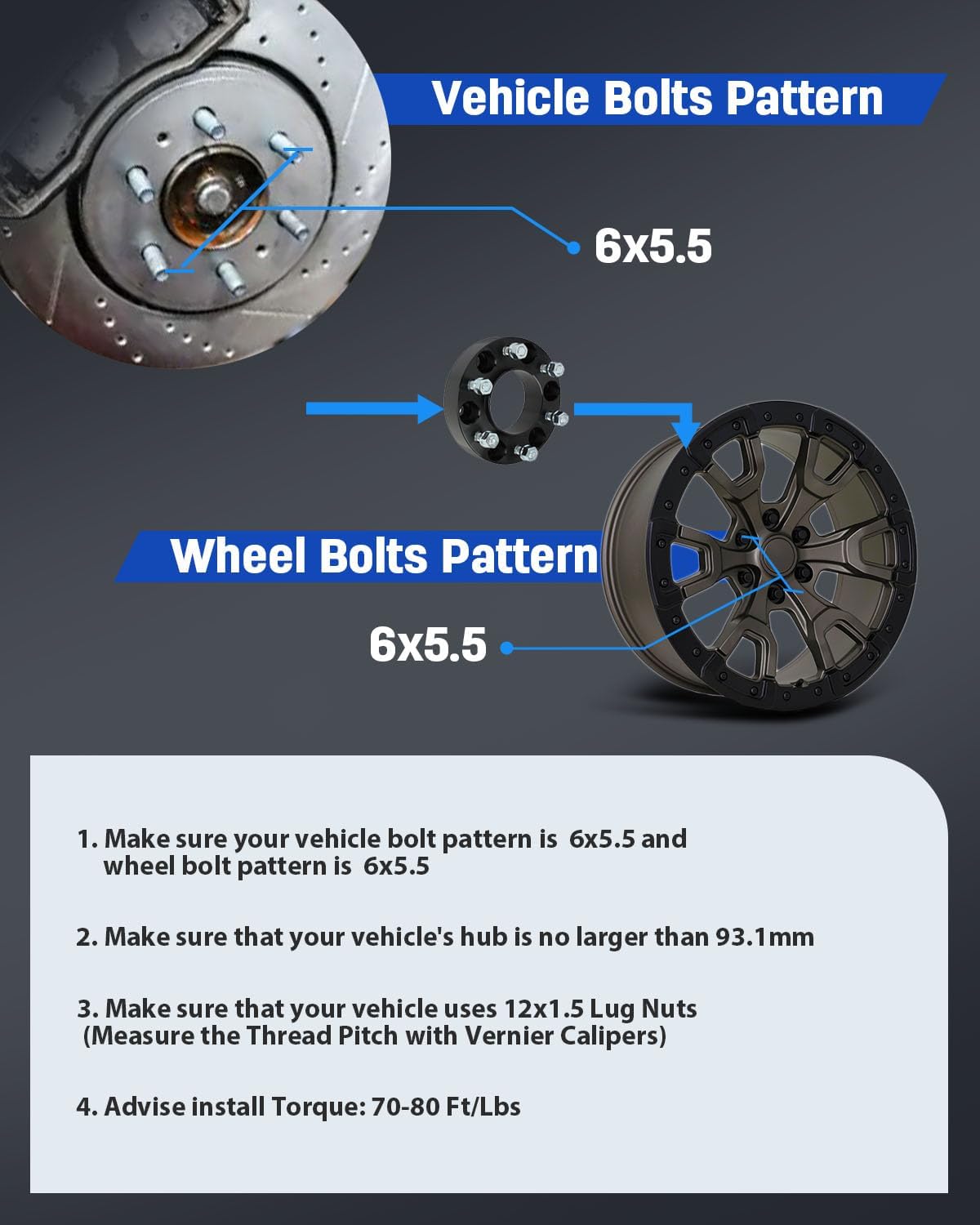 ECCPP 4PCS 6x5.5 to 6x5.5 hubcentric Wheel Spacers 1.5 inch Bore 93.1mm Studs 12x1.5 6 Lug Wheel Spacers Fit for Ford Ranger 2013-2025| for Ford Bronco 2021-2025