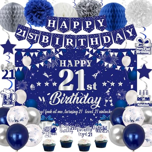 Image of 21st Birthday Decorations for Boys Girls, Blue Silver Happy 21st Birthday Party Decorations, 21 Backdrop, Banner, Balloons, Hanging Swirls, Bday Cards, Cake Toppers, Pompoms 54pcs