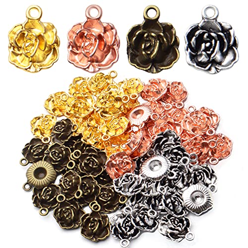 BronaGrand 60pcs Rose Pendant Charm Tibetan Alloy Rose Flower Charms
