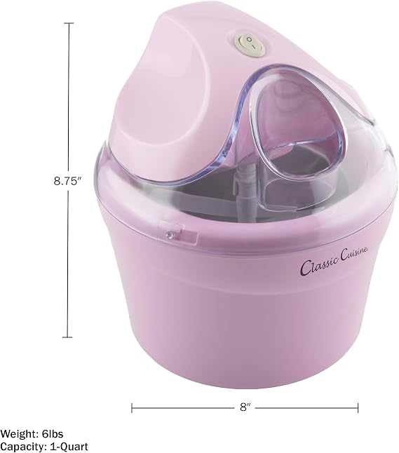 Ice Cream Maker - 1QT Ice Cream Machine for Sorbet, Gelato, Frozen Yogurt and More - Kitchen Appliances and Gadgets by Classic Cuisine (Pink)