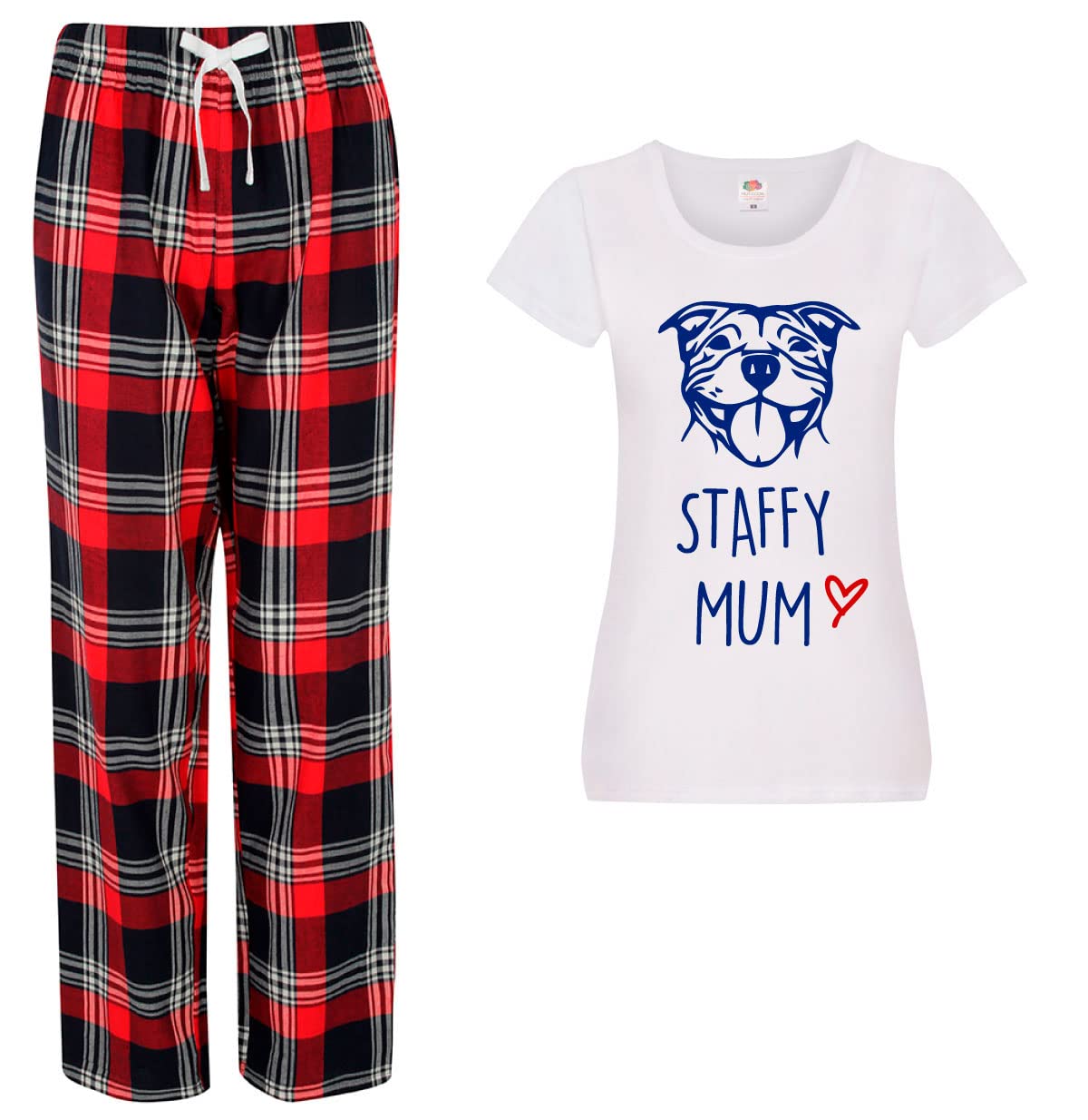 60 Second Makeover Limited Staffy Mum Ladies Tartan Trouser Women Pyjama Set Staffordshire Bull Terrier Pyjamas For Women Dog Mum Pjs Pjama Pajamas Set Red - M