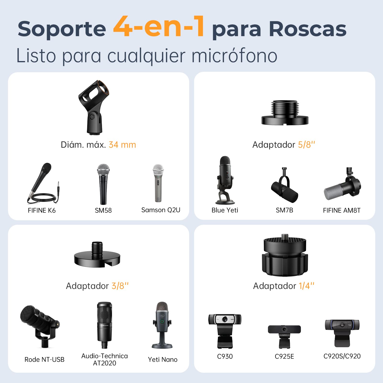 Soporte de Micrófono de Mesa, Brazo Ajustable con Adaptadores para 1/4"-3/8"-5/8", Compatible con Blue Yeti, Fifine, HyperX, Cámaras Web y DSLR, Ideal para Grabación, Podcast y Streaming