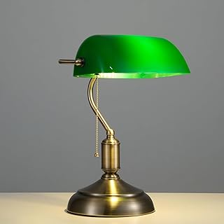 Bankers Lamp, Green Desk Lamp with Pull Chain Switch, 3 Lighting Color Mid Century Banker's Desk Light for Home Office Library Christmas (Green Plastic Lampshade)