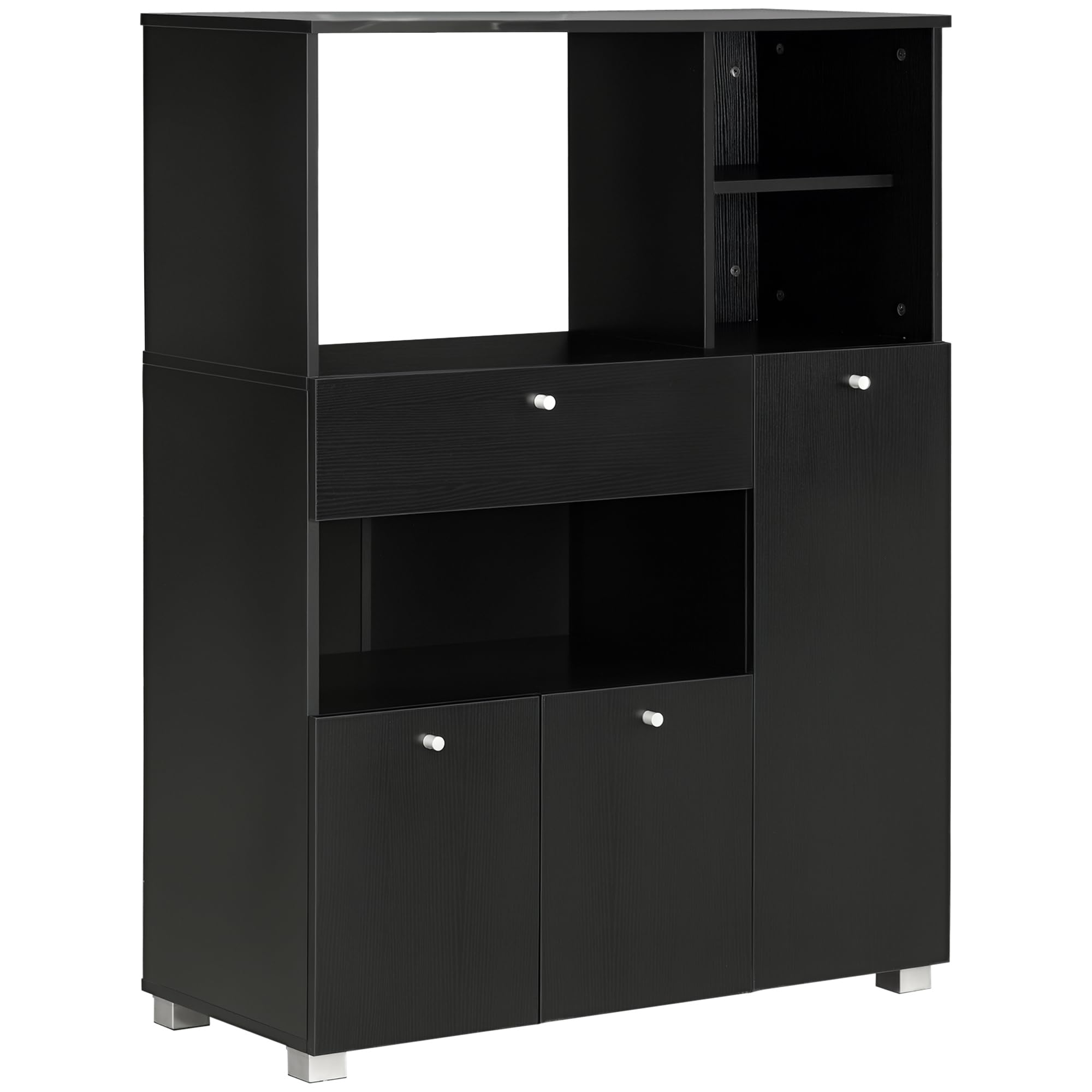 HOMCOM Mueble Auxiliar de Cocina Mueble para Microondas Aparador de Cocina con Cajón Estantes 3 Puertas 3 Compartimientos Diseño Anti-​vuelco para Comedor 90x40x120 cm Negro