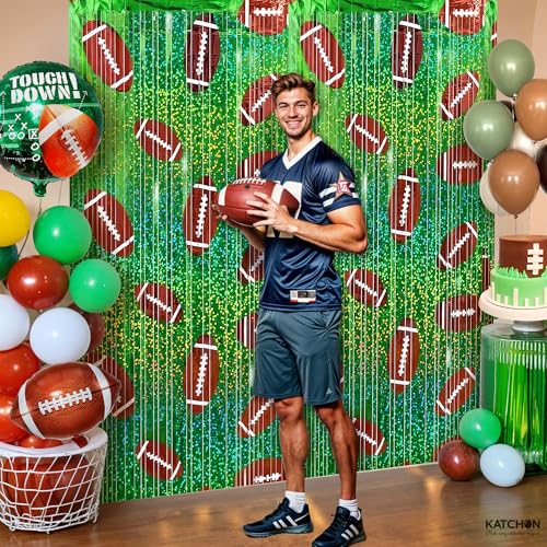 Image of KatchOn, XtraLarge 3Pcs Football Fringe Curtains - 9.75 x 6.5 Ft | Glitter Foil Fringe Curtain Backdrop Football Party Decorations | Sports Theme Birthday Backdrop, Game Day, Football Party Supplies