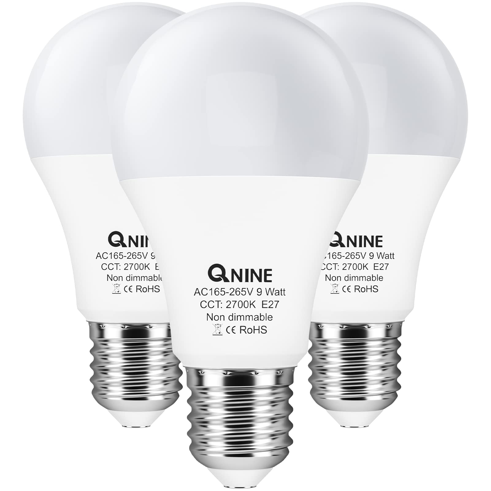 QNINE Warm White E27 Screw Bulb, 9W (60W Equivalent), 806lm, LED Bulbs ES, 2700K, Non-Dimmable, 3-Pack