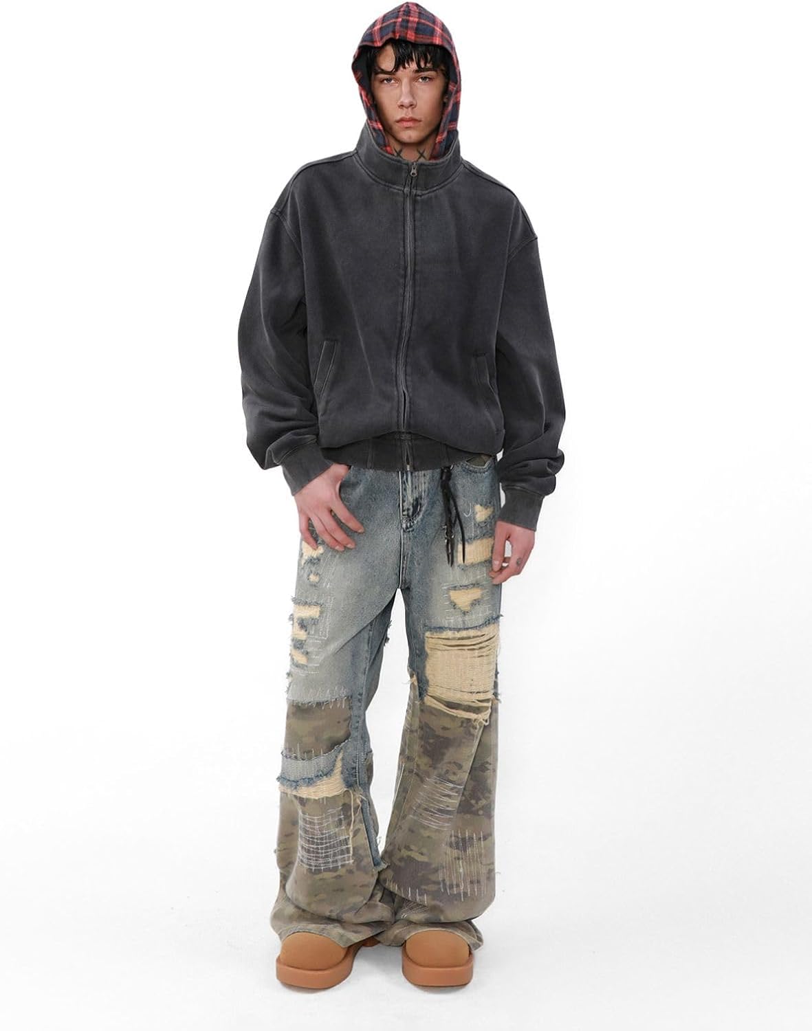 Men's Heavyweight Cropped Jacket with Plaid Lined Hood, Unisex Boxy Pullover Sweatshirt for Men Women - Image 5