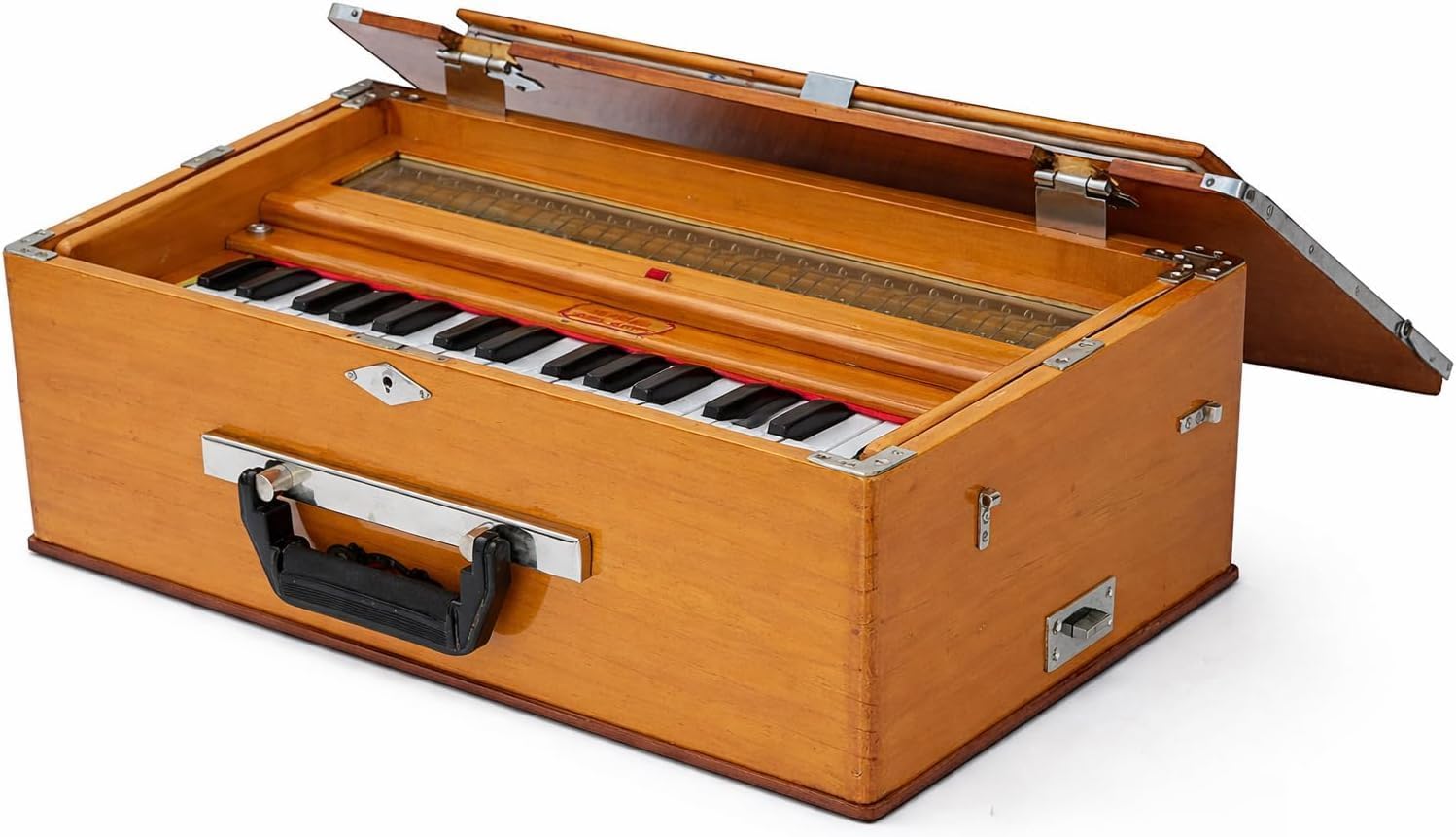 BINA Harmonium Traveler, Portable Folding with 4 Stops, 2½ Octaves, Teak, Wood, 18 x 12 x 7 Inches, 8 KG, Bass-Male Reed, 440 Hz, with Coupler and Gig Bag, Harmonium BINA no. 23B Dx