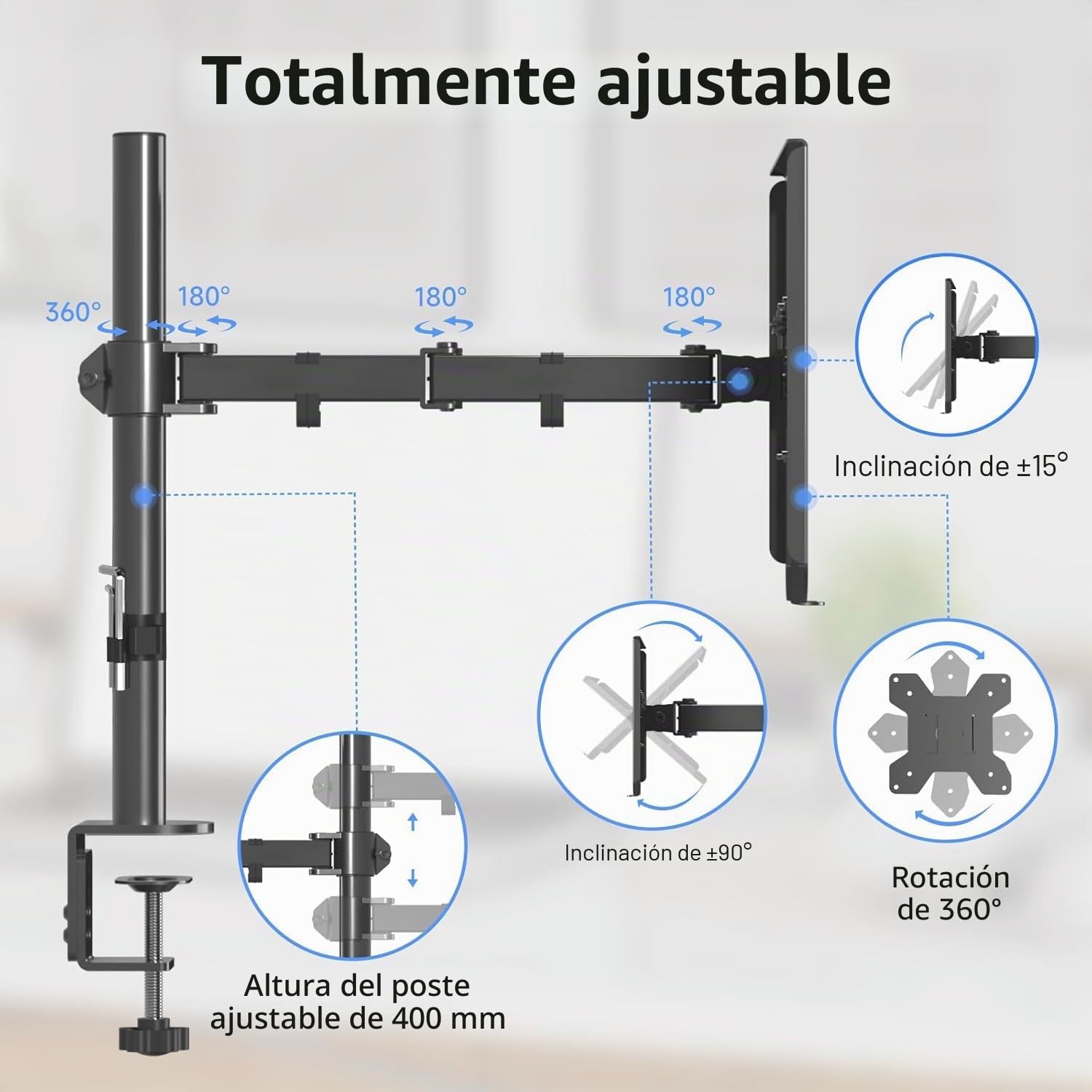 suptek Soporte 2 en 1 de Monitor y Portátil: Brazo Articulado para Pantallas 13-27" y Laptop hasta 15.6", Bandeja Ventilada, Carga 10kg, Altura Ajustable y Giro 360° (MD6421TP004)