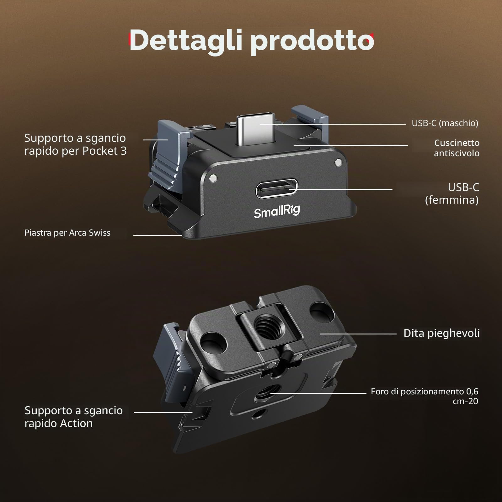 SMALLRIG Base di Ricarica per DJI Osmo Pocket 3/4/4P, Dock di Ricarica da Tavolo di Tipo C con Foro per Vite da 1/4" e Supporto Pieghevole a Due Artigli per Treppiedi/Bastoni per Selfie, 5376