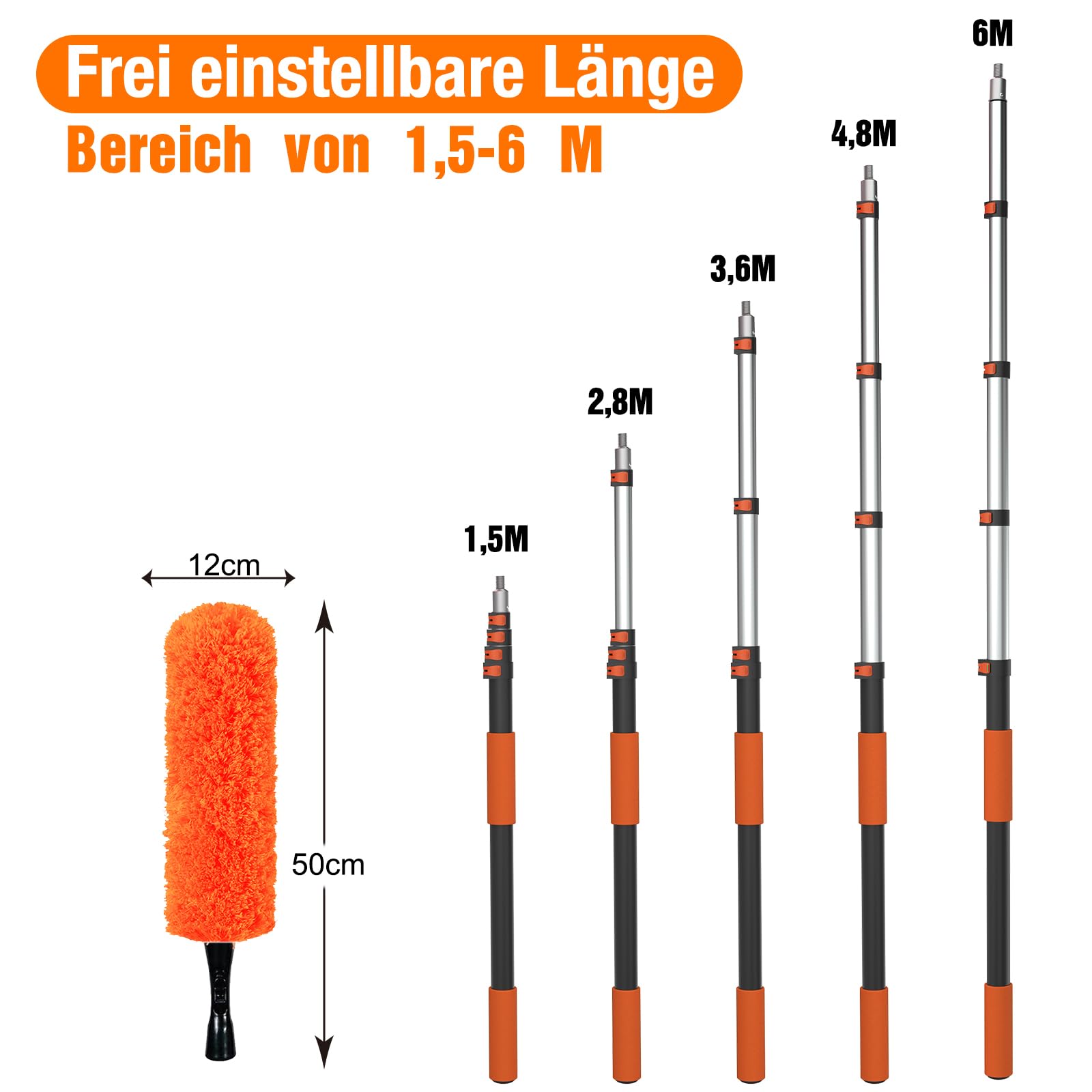 LAANPOLE 6M Staubwedel Teleskop Waschbar, Spinnwebenbesen mit Teleskopstiel, Fensterabzieher zum Reinigen von Decken, Lücken, Deckenventilatoren