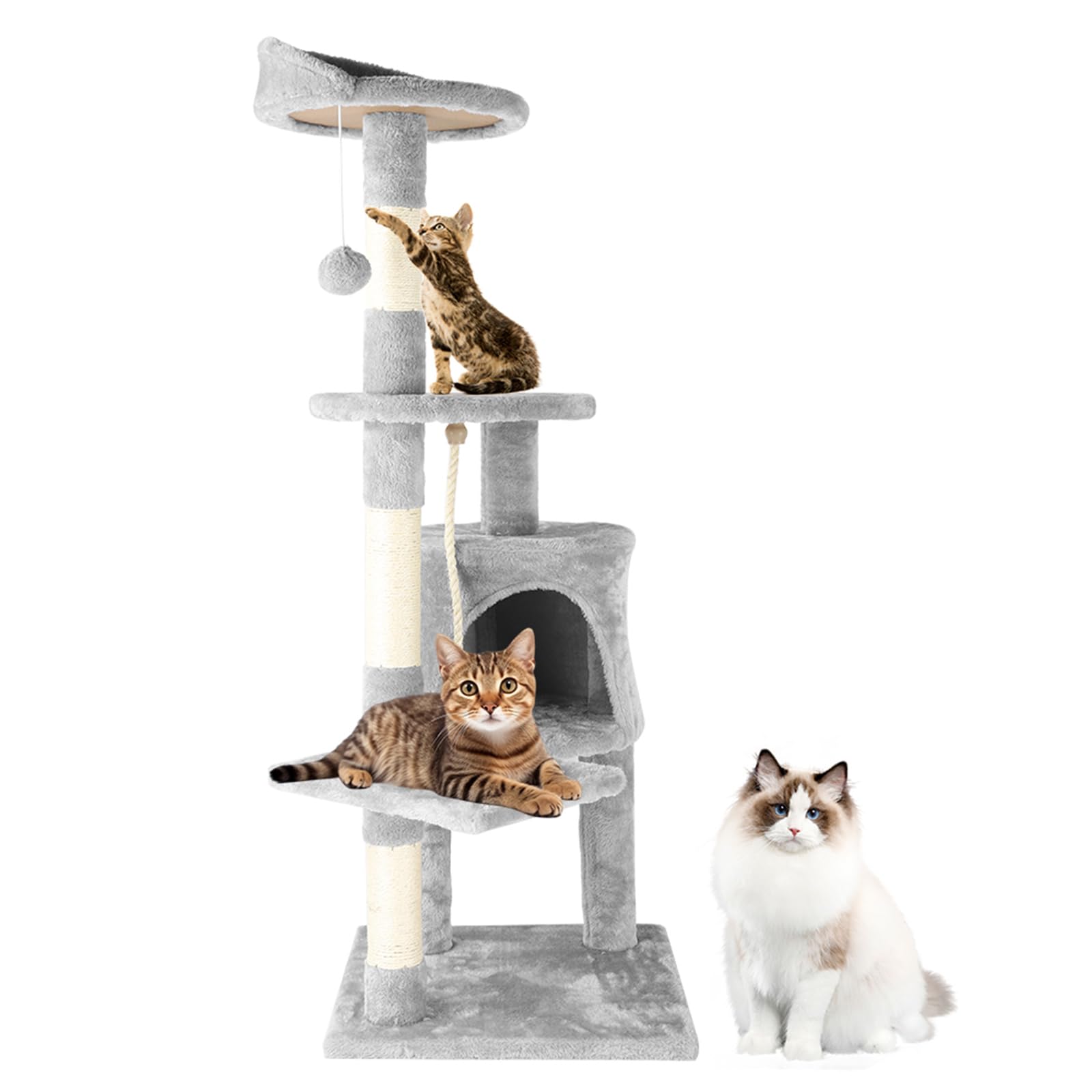 122cm Cat Tree Tower, Cat Climbing House, Multi-Level Stable Cat Scratching Post, Floor to Ceiling Cat Tree with Condos Perches, Cat Activity Centre for Indoor Cats (Light Grey)