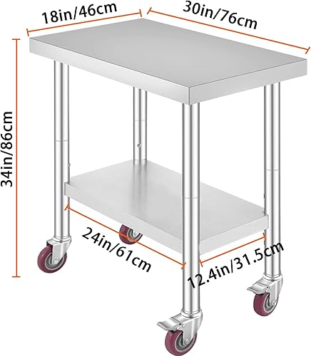 Miniatura 2 de TECSPACE Mesa de trabajo de acero inoxidable con ruedas de 30 x 18 pulgadas, mesa de trabajo comercial resistente con estante inferior y ruedas,