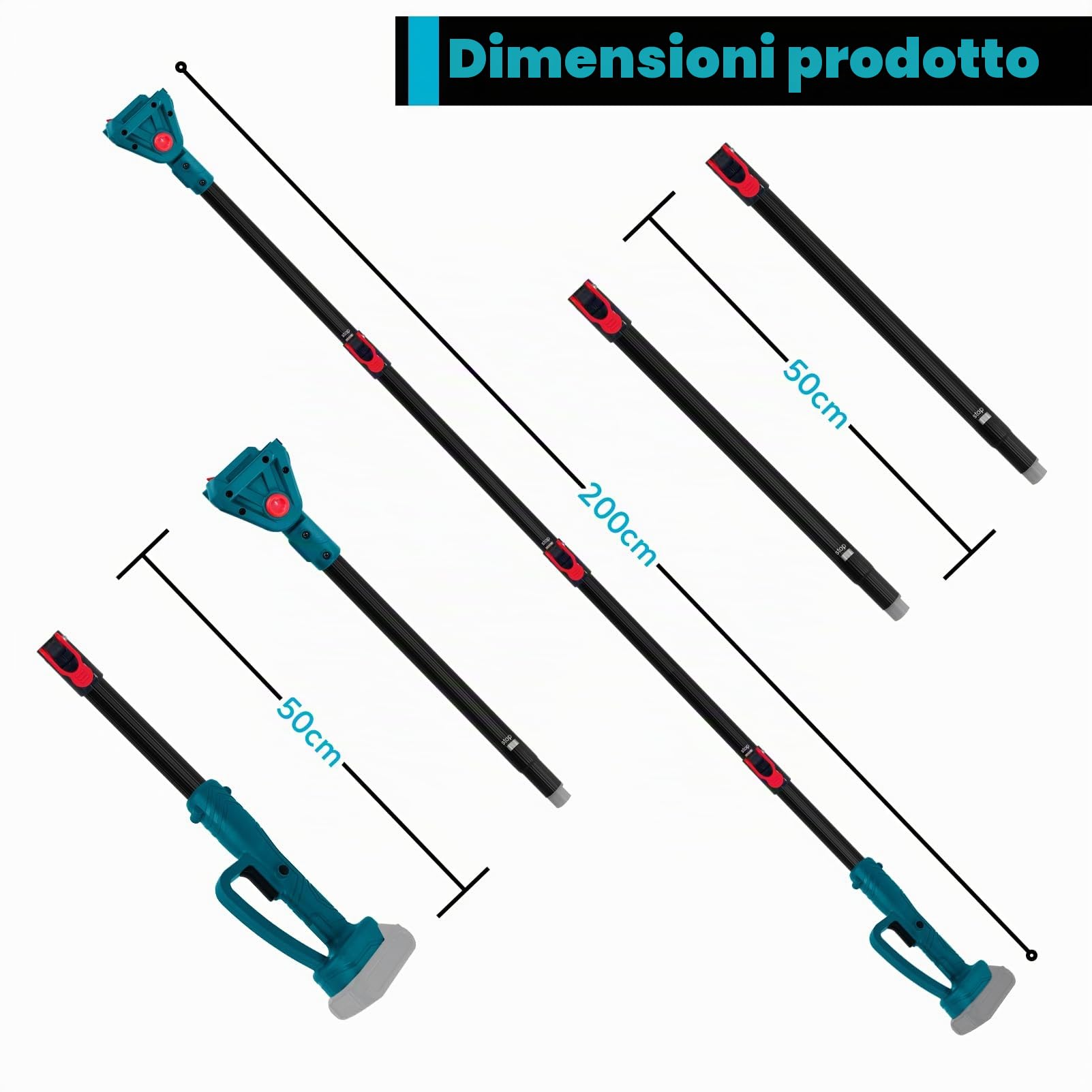 Asta telescopica per cesoie e seghe elettriche telescopiche | 4 pezzi di estensione da giardino da 2 m, accessori regolabili ad alto taglio, compatibile con Makita da 18 V/21 V