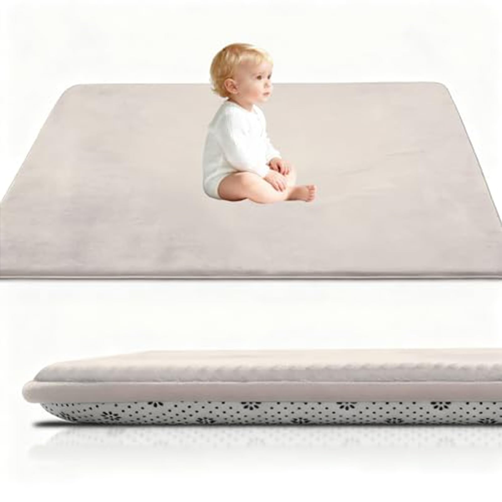 Baby Play Mat Beige 3CM Thick Crawling Mat for Baby Non-slip, High-Density Soft Baby Play Mats for Babies and Toddlers, Coral Velvet Area Rugs, Nursery Rugs Crawling Carpet for Floor 120 x 250 cm