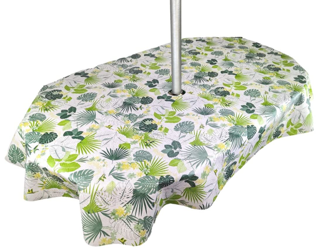 Karina Home Oval Outdoor Garden Tablecloth with Parasol Umbrella Hole Tropical Flowers and Birds Green Garden Wipe Clean Oval (180 x 140cm)