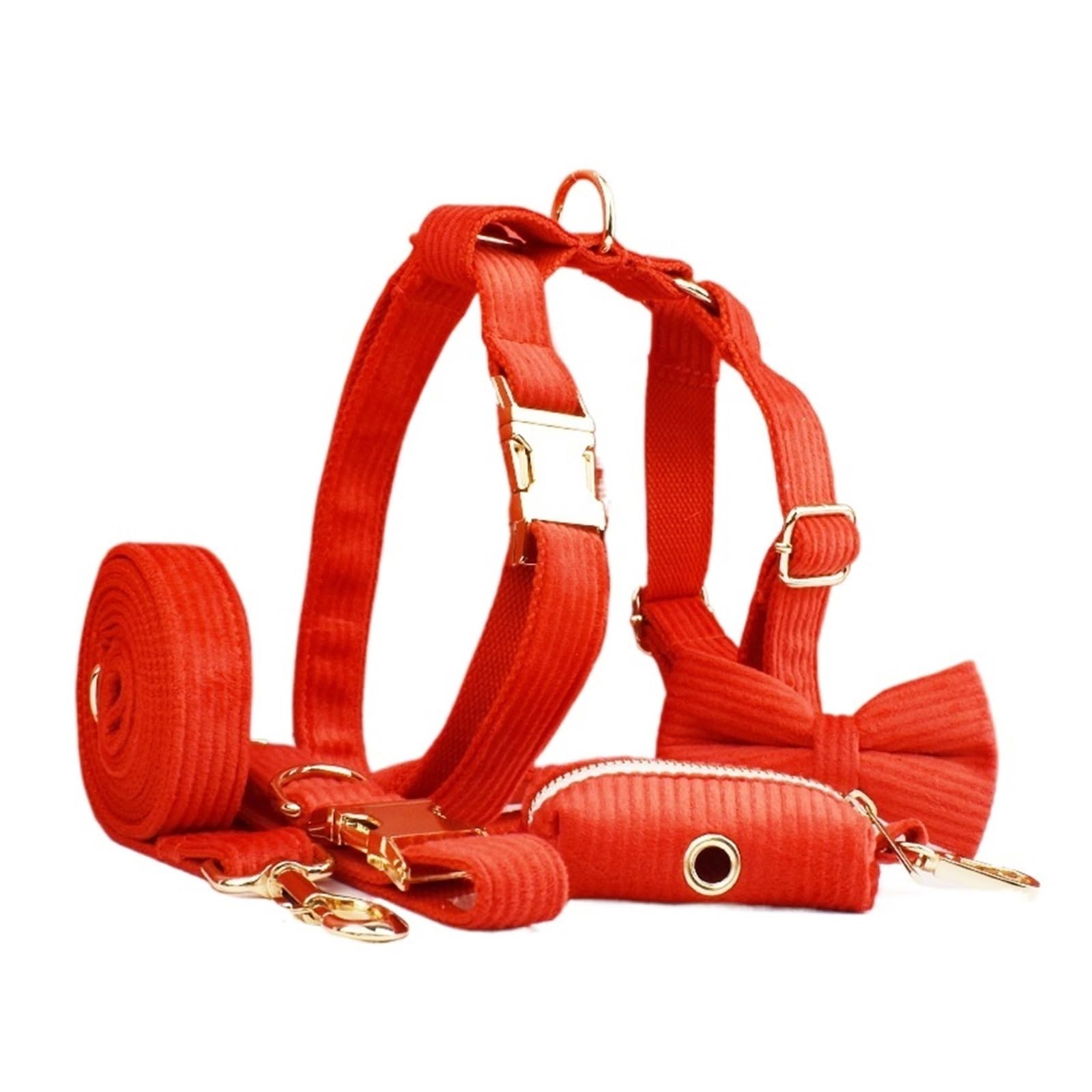 Harnais de chien en velours côtelé M anti-traction avec laisse et pochette à sacs