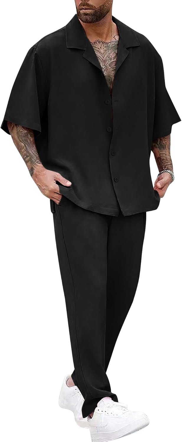 LecGee Men Summer Casual Short Sleeve Pant Sets Solid Button Down Shirt Elastic Pants 2 Piece Outfits Beach Tracksuit