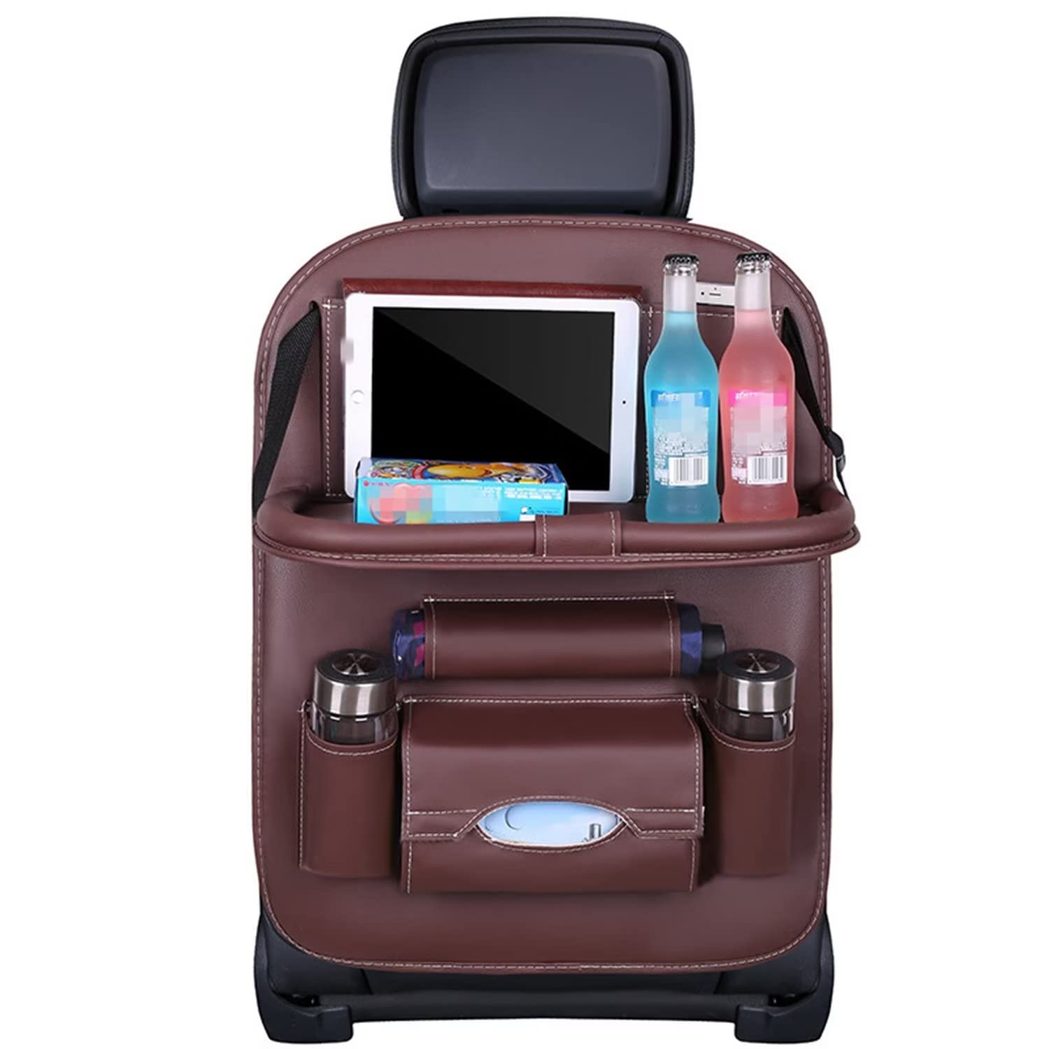 BWGHBH Car Seat Organiser with Foldable Table Tray Kick Mats Backseat Protector with 8 Pockets Universal Use for Car Interior Travel Accessories Men Women 1PCS Coffee