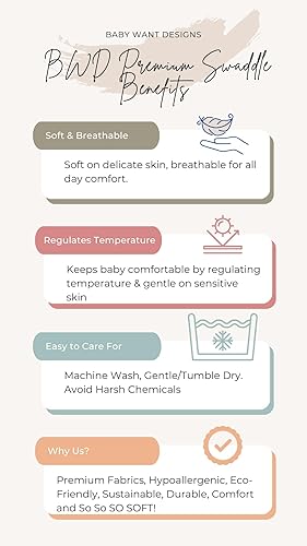 Miniatura 4 de BWD - Manta prémium para envolver al bebé, viscosa de bambú y algodón orgánico, para recién nacidos y bebés, manta de muselina para bebé, ultra