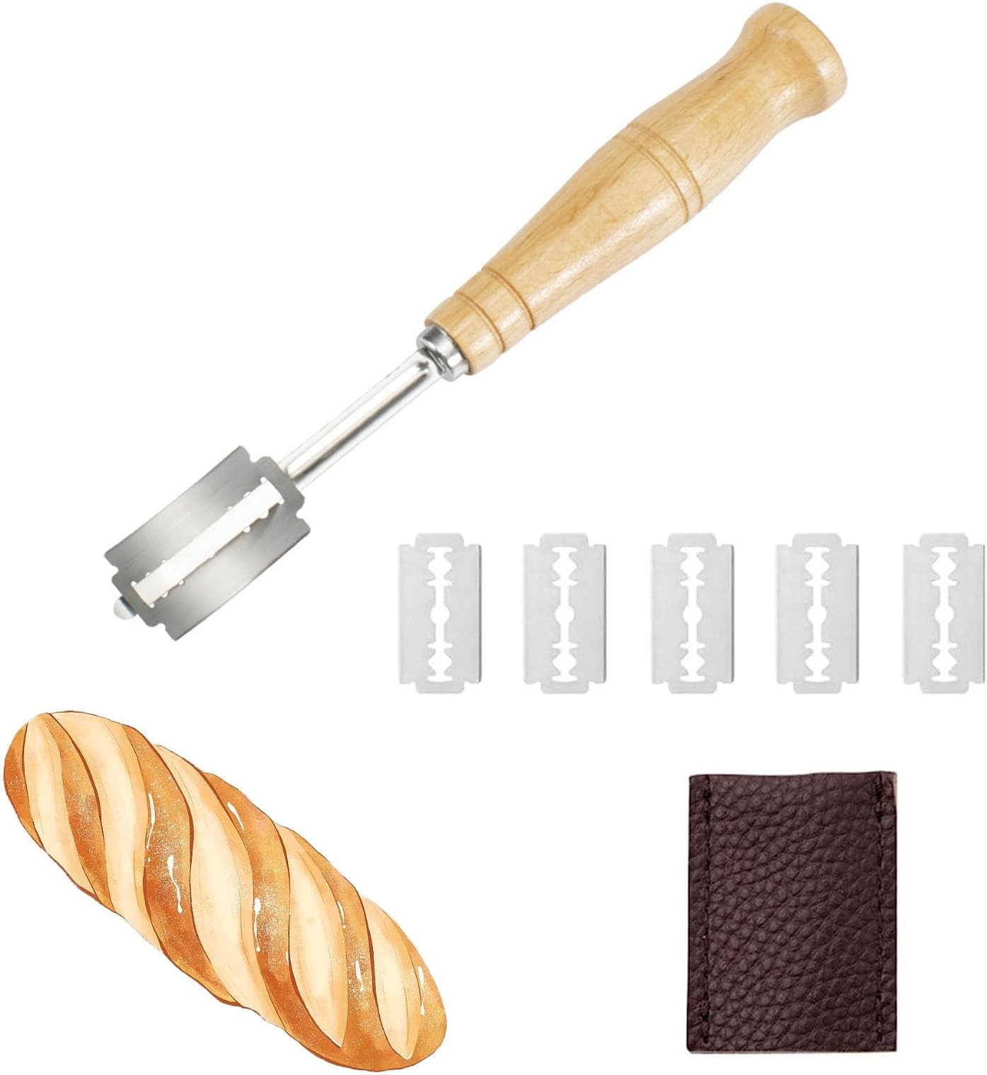 Bread Lame Cutter, Handcrafted Slashing Tool for Bakers - 5 Blades & Leather Protective Cover Included for DIY Dough, Homemade Bakeware Kitchen