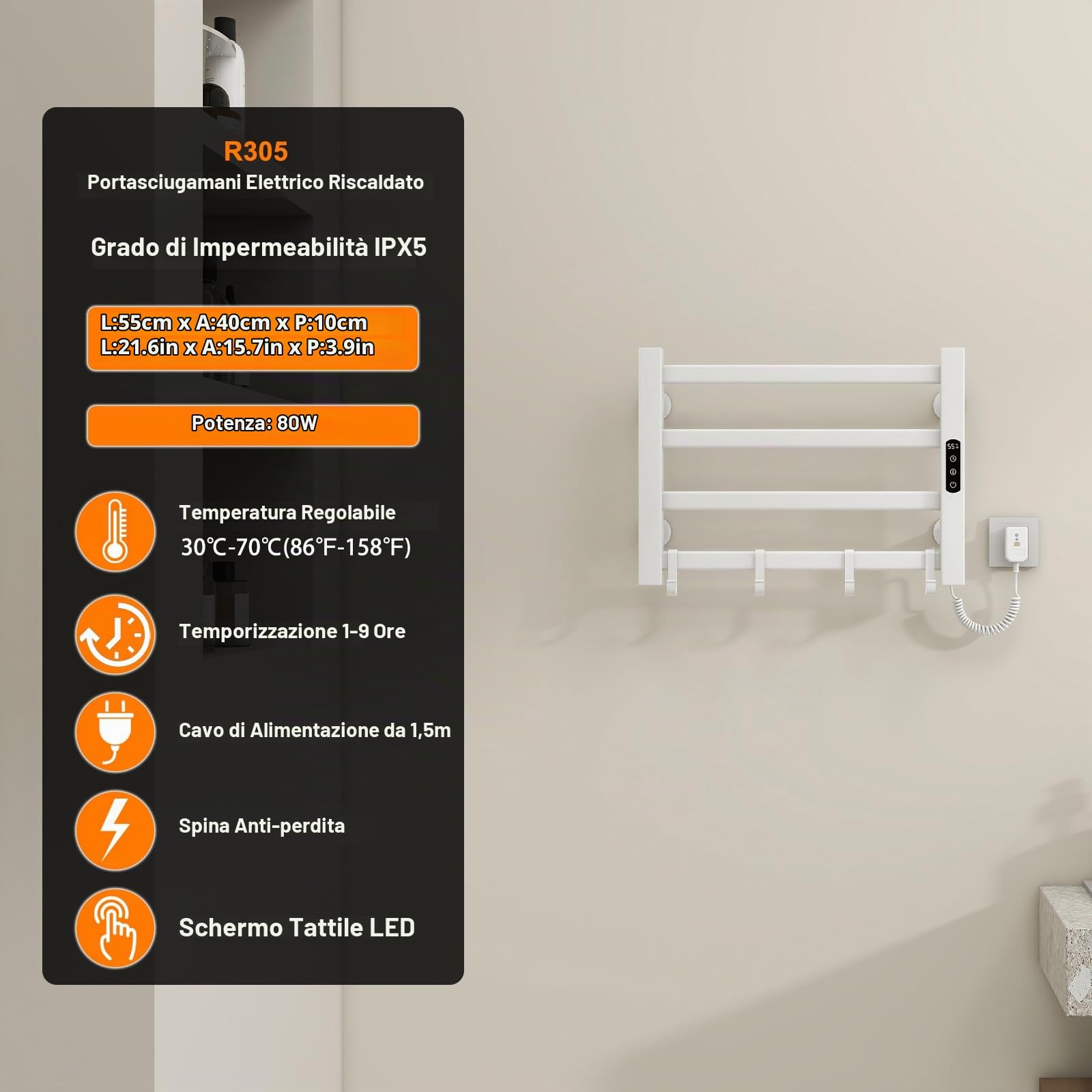 Portasciugamani Elettrico 550x350mm Scaldasalviette Radiatore da Bagno Elettrico Portasciugamani intelligente, IP24 Impermeabile, Temperatura regolabile 30-70℃, Temporizzazione 1-9 ore-White Right