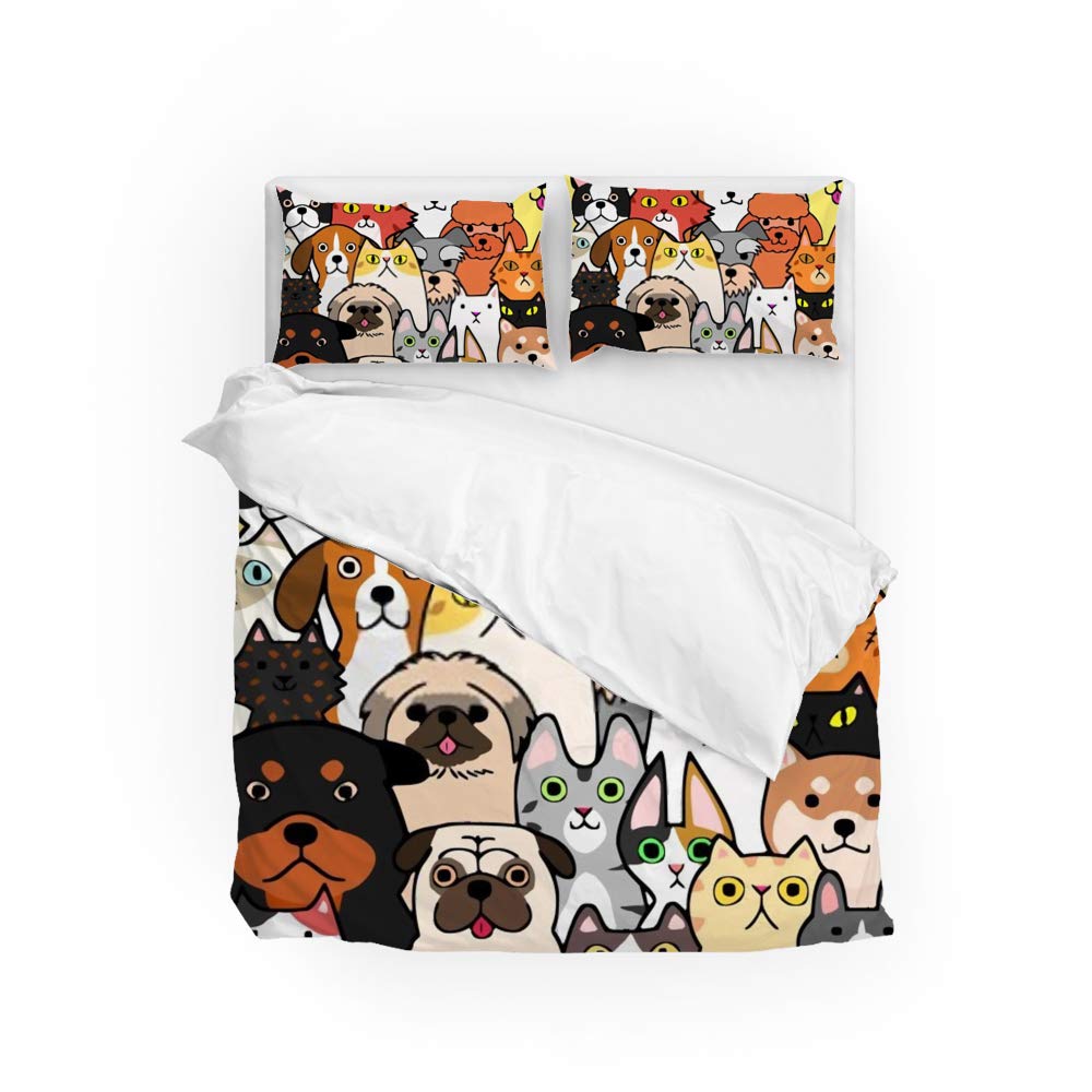 Housse de couette motif chat et chien grand lit Queen coloré pour chambre d'hôte