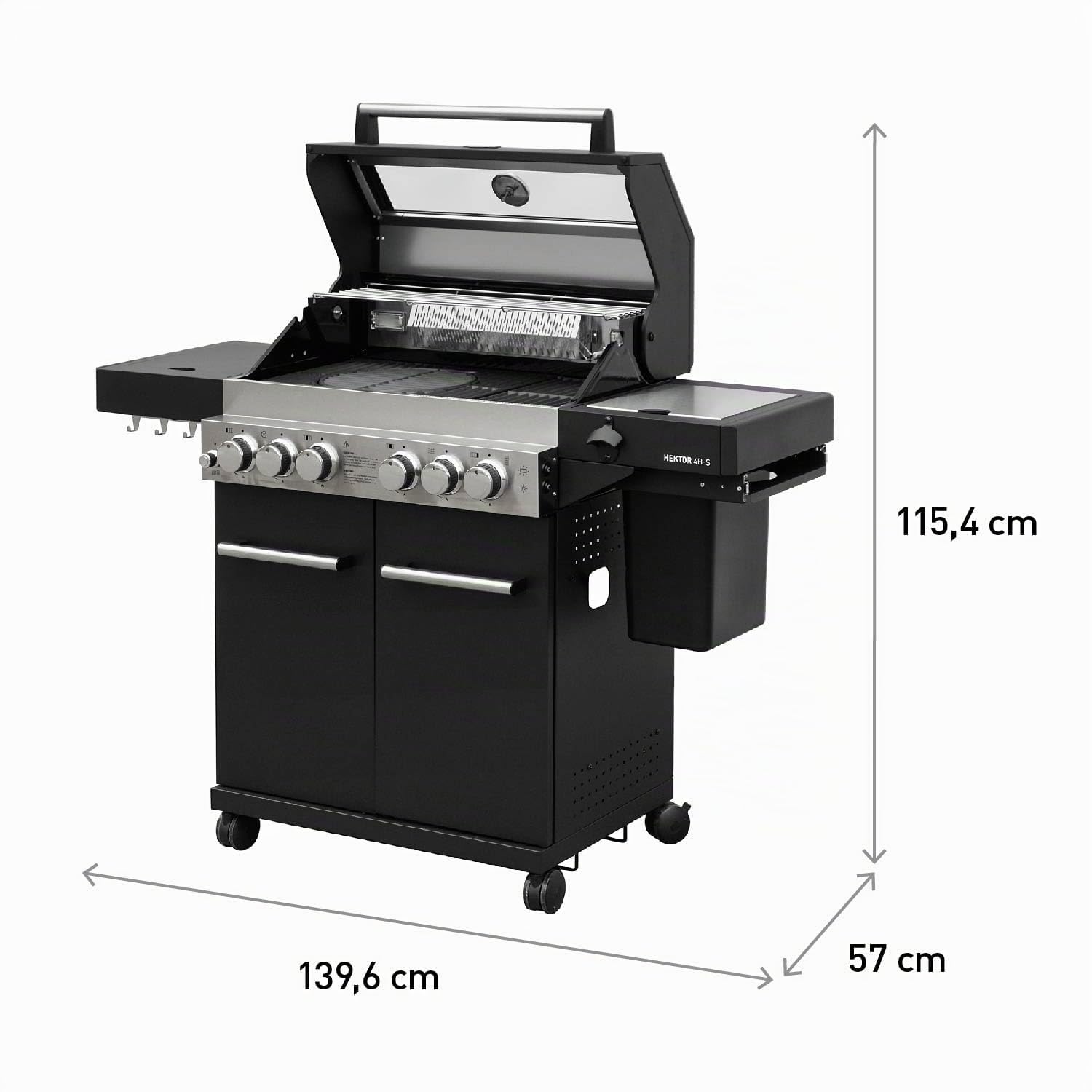 Barbecue à gaz Feuergott Hector 4B-S avec broche rotative et housse de protection avec 4 brûleurs, brûleur Sear, grille en fonte, brûleur arrière, réchaud latéral, fenêtre de visualisation et