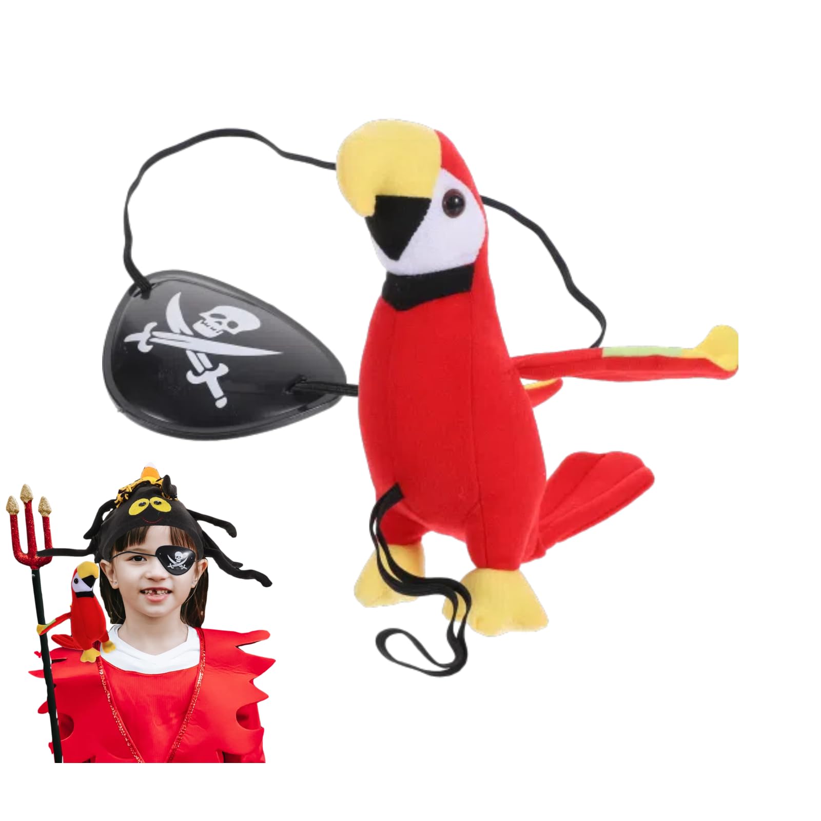 Ciieeo Stuffed Pirate Parrot on Shoulder Prop, 1 Set of Pirate Parrot Props for Halloween Party, Captain Skull Eye Patch for Girls Boys Adult