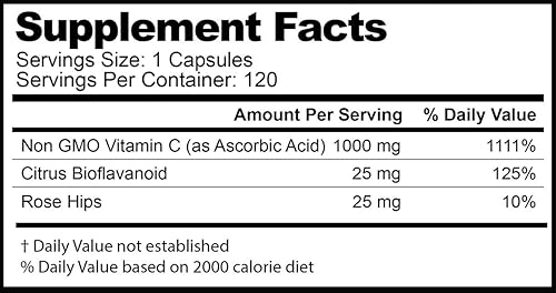 Miniatura 5 de Vitamina C 1000 mg de apoyo inmunológico diario con Rose HIPS y bioflavonoides cítricos Piel y articulaciones saludables tamponadas sin OMG no