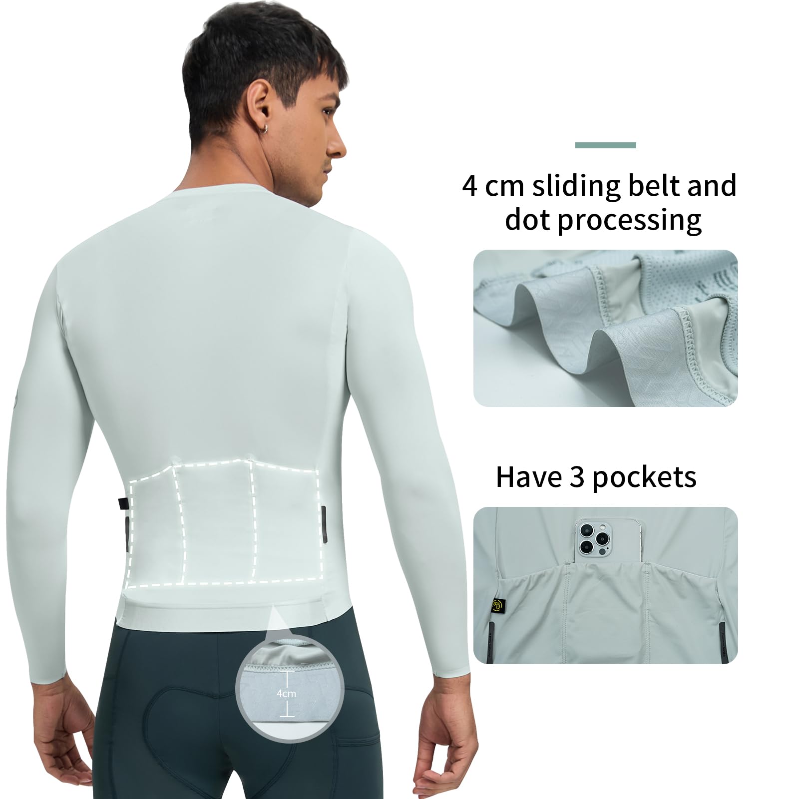 Santic Camiseta de ciclismo para hombre, manga larga, con cremallera completa, UPF 50+, con bolsillos