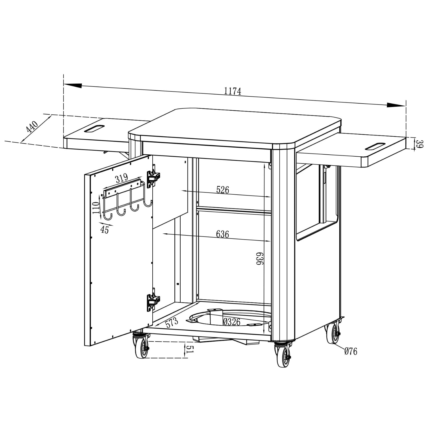 cozze Table roulante pour plancha 640 en Acier Inoxydable/Noire, Noir, 62.5 x 81.5 x 22.5 cm