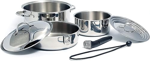 Camco Juego de utensilios de cocina anidables de alta calidad, ollas con asas extraíbles, eficiencia de espacio, excelente para casas rodantes y