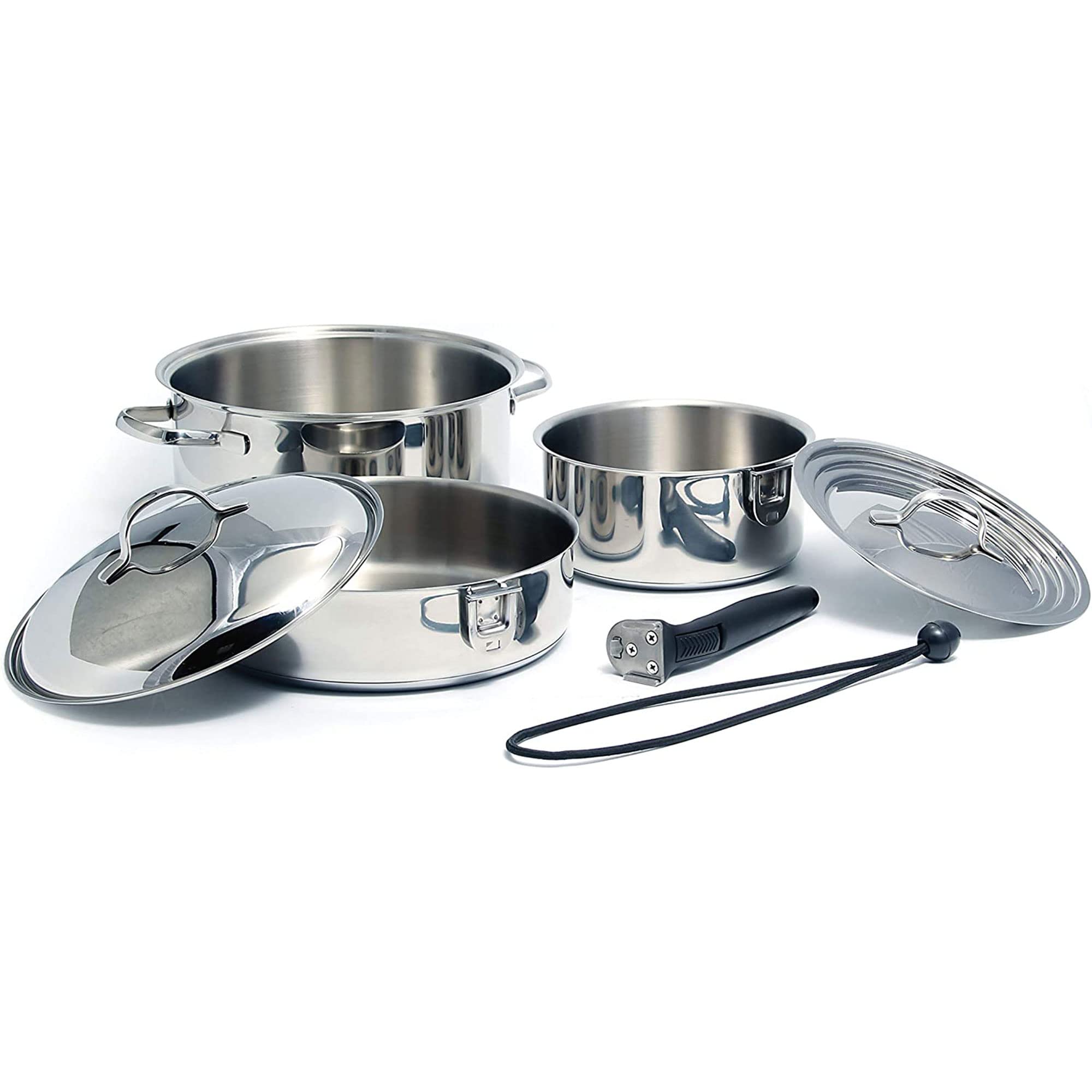 Camco Premium Kochgeschirr-Set – Töpfe mit abnehmbaren Griffen, platzsparend, hervorragend für Wohnmobile und kompakte Küchen, 7-teiliges Set (43920), Edelstahl