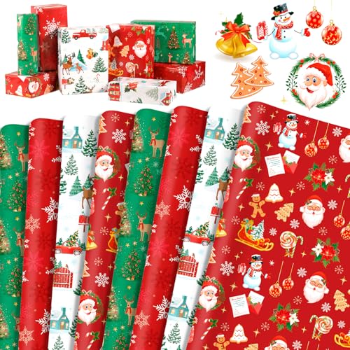 HOWAF 8 Hojas Papel Regalo Navidad Rojo Verde, Papel de Regalo Navidad Copos de Nieve, Papa Noel, Reno Embrulho Natal para Decoración Navideña, Cumpleaños, Año Nuevo