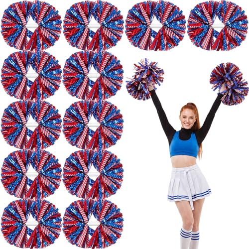 WILLBOND 12pcs Cheerleading Pom Poms Bulk Metallic Foil Cheerleader Pompoms with Baton Handle for Soccerball Basketball Cheering Squad Team 2026 Game Sports Dance Party Spirit (Red White Blue)