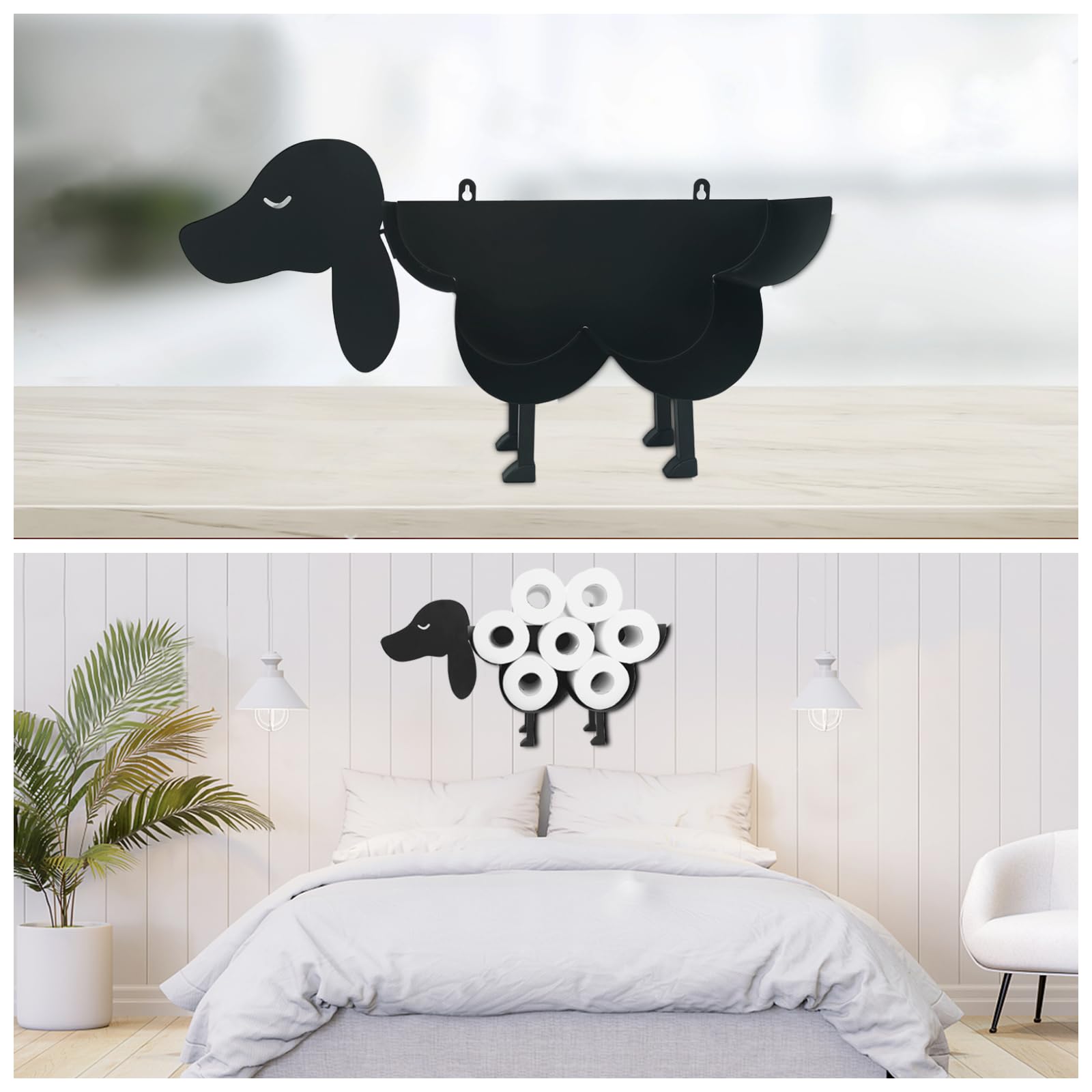 MENTCH Funny Animal Shaped Toilet Paper Holder - Dog Wall Mounted & Freestanding Metal Paper Towel Basket Storage - Black Bathroom & Kitchen Accessory - Holds 8 Rolls (Cat A