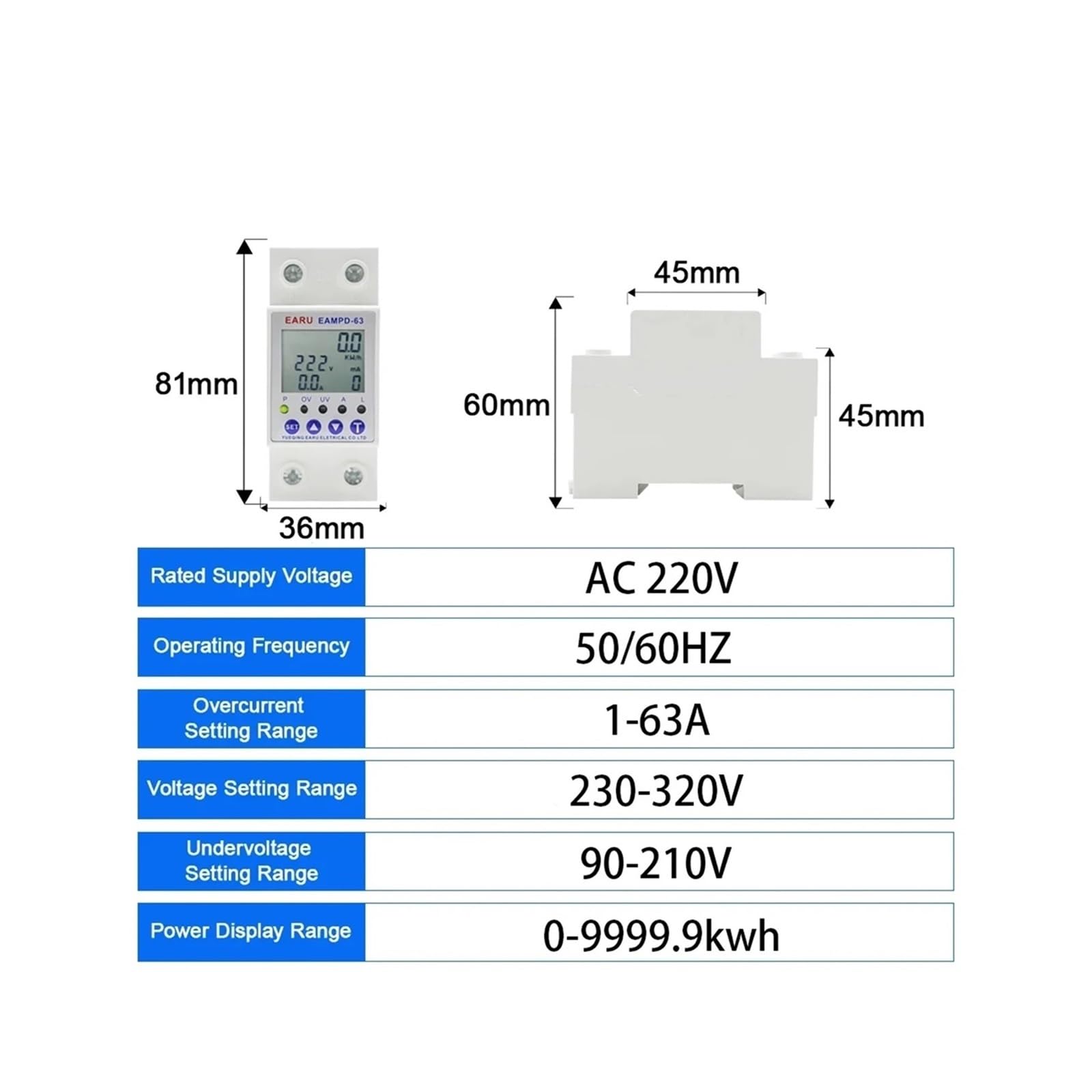 Energy Meter 230V Adjustable Current Earth Leakage Protection Over Under Voltage Protector Relay Device Breaker(with WiFi)