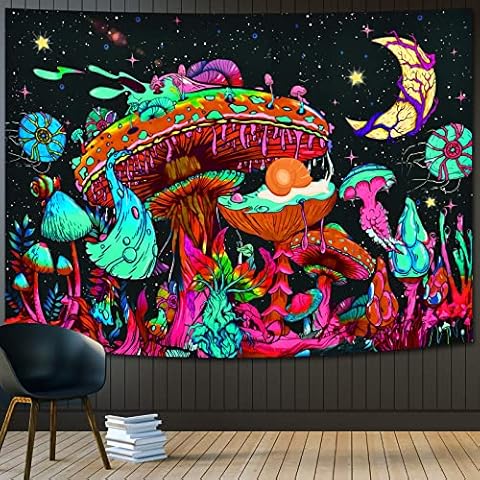 Romantic Angels Blacklight Mushroom Tapestry Glow In The Dark Tapestry for Bedroom Black Light Plant Tapestries UV Reactive Mushroom Moon Tapestry Wall Hanging Trippy Wall Decor (59.1ʺL × 78.7ʺW) Cover