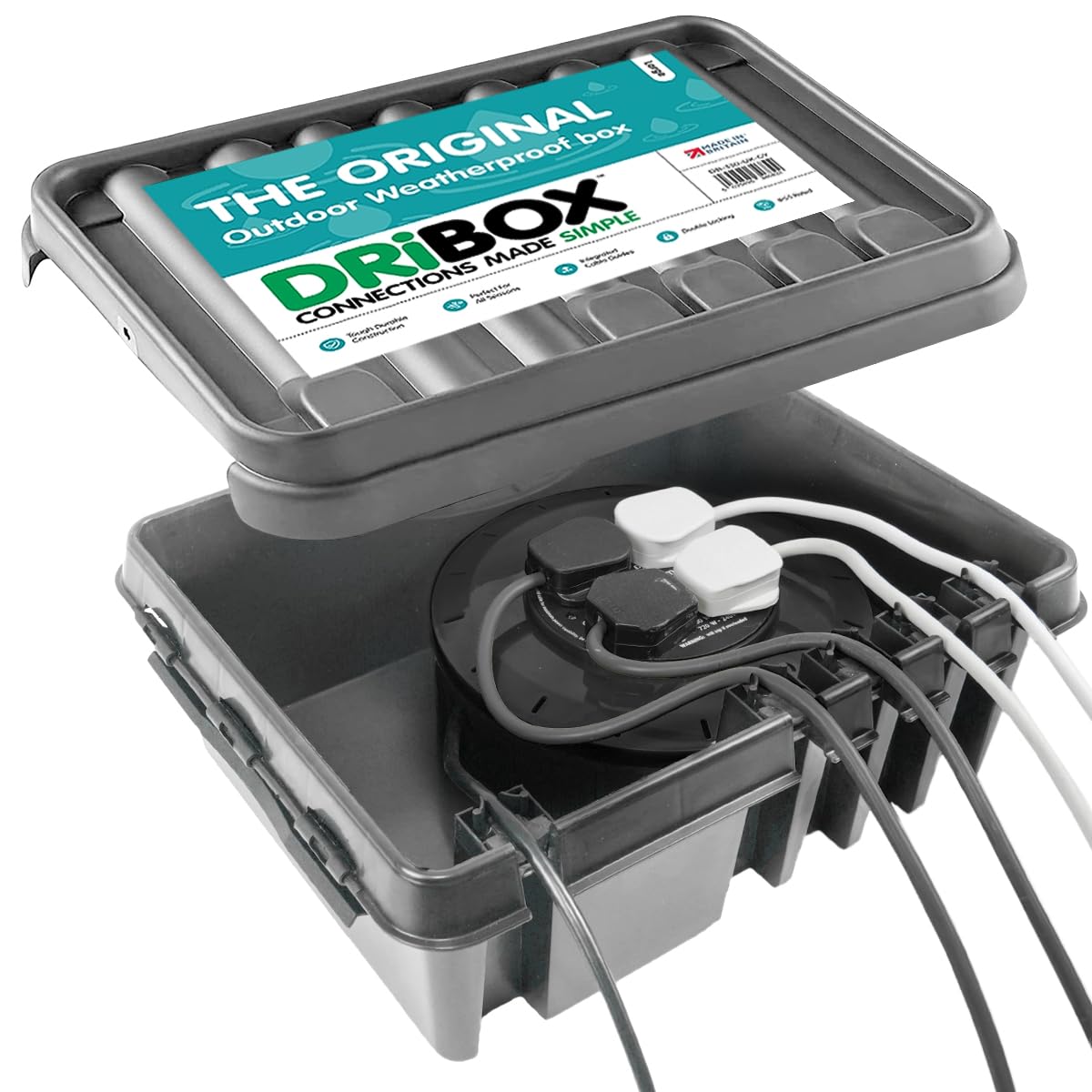 DRiBOX Caja de conexiones grande IP55 resistente a la intemperie para exteriores, carcasa de cable de alimentación para luces navideñas, temporizadores, cables de extensión, rodillos de cable
