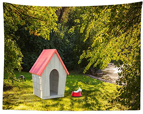 BELECO 1.5x1m Stoff-Hundehütte für den Garten im Freien, Hintergrund für Fotografie, Hundehütte aus Holz mit rotem Dach, grünem Gras, Wiese, Bäumen, Hintergrund für Geburtstagsparty-Dekorationen