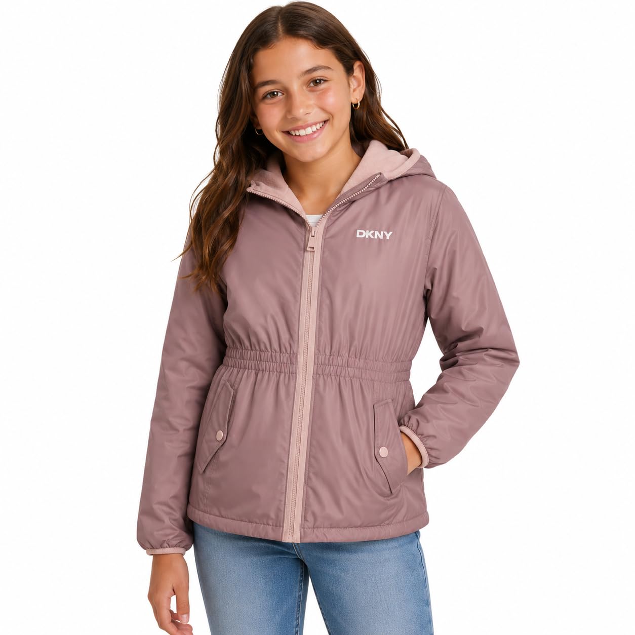 DKNY Girls Midweight Jacket, Anorak Windbreaker, Polar Fleece Lined, Hooded