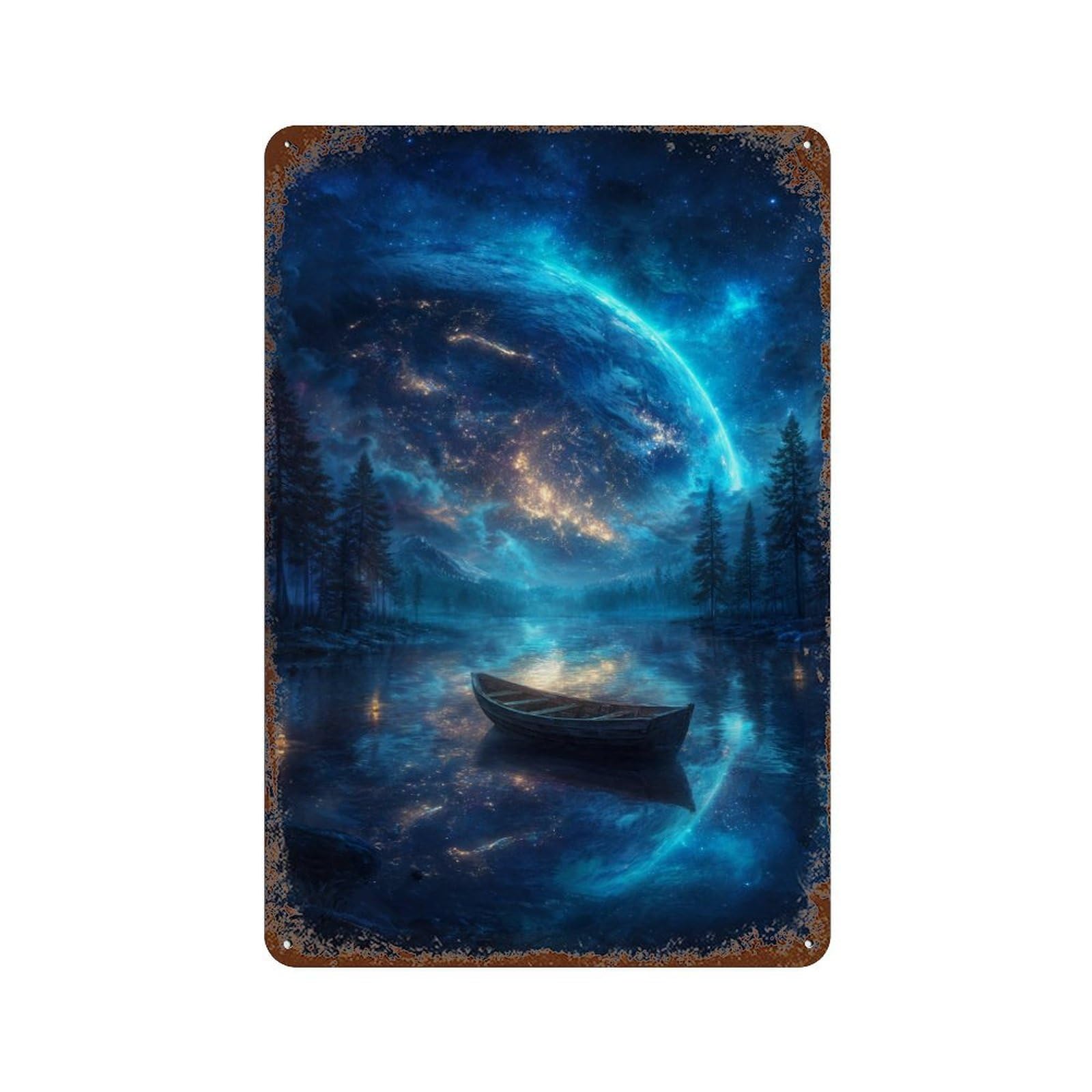 Galactic Serenity Cosmic Lake Scene Distressed Metal Wall Sign 11.8"x7.9", Ideal for Patio, Garden Room And Bar Decor