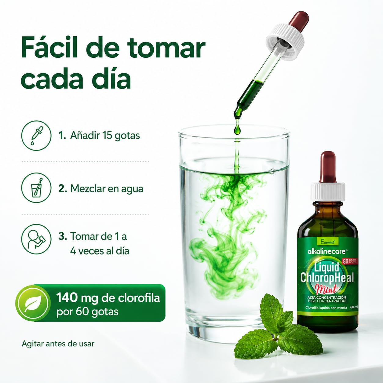 CLOROFILLA LIQUIDA CON GUSTO A MENTA 60 ml:: ALKALINE CARE