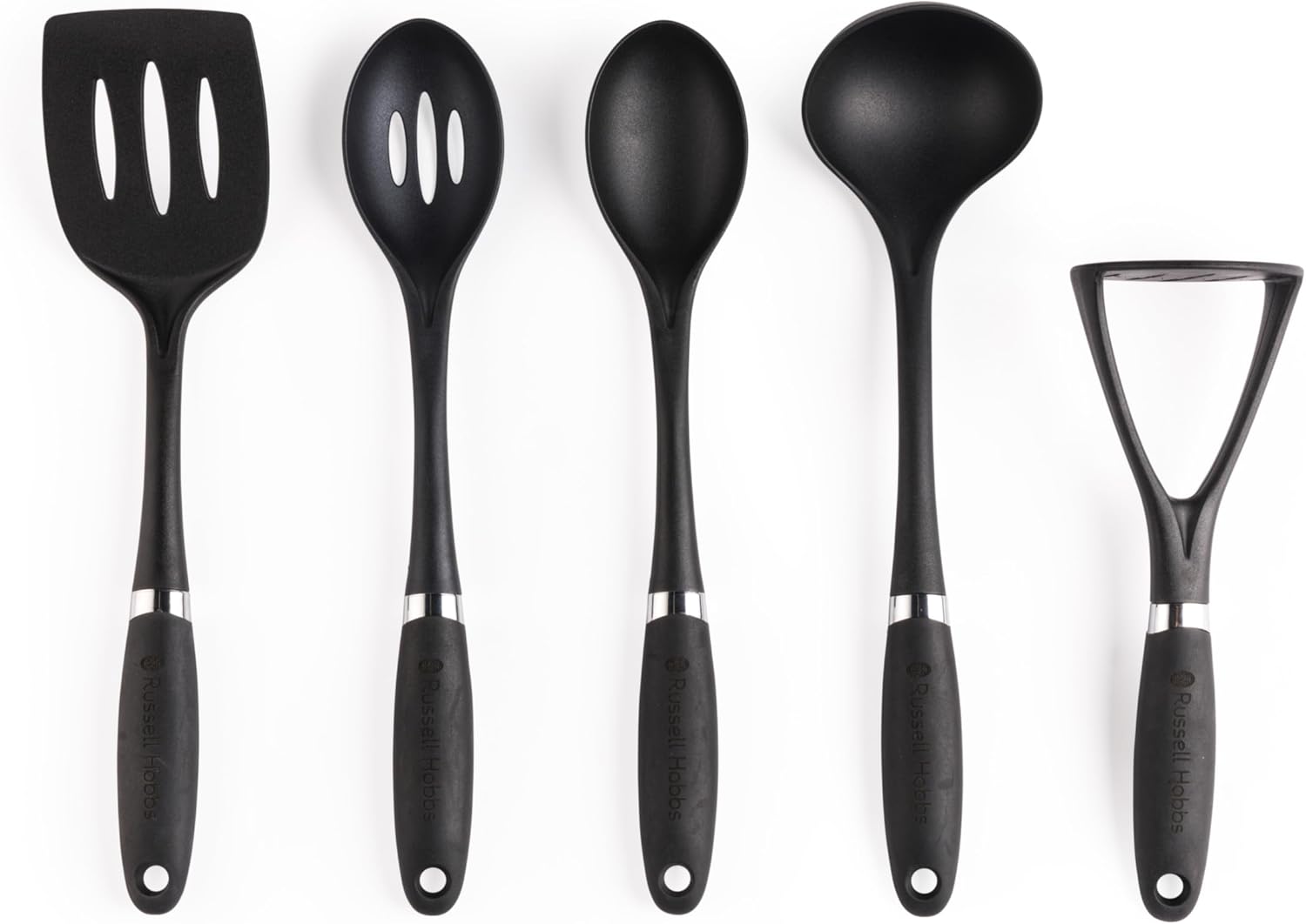 Russell Hobbs RH03026EU7 5-Piece Set – Venus Collection, Masher, Turner, Slotted, Solid Spoon, Ladle, Hanging Hooks, Soft Touch Handles, Easy Clean, Nylon Kitchen Utensils, Black