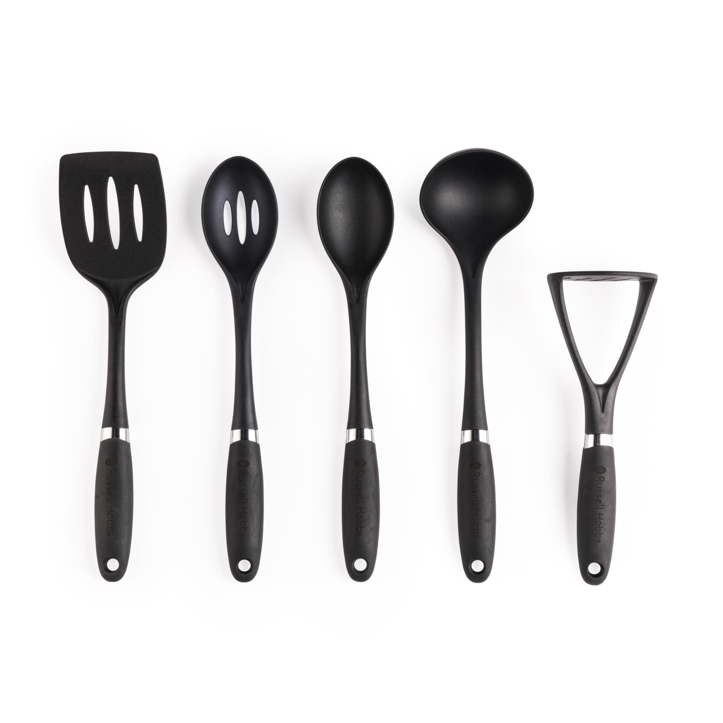 Russell Hobbs RH03026EU7 5-Piece Utensil Set – Venus Collection, Masher, Slotted Turner, Slotted Spoon, Solid Spoon, Ladle, Hanging Hooks, Soft Touch Handles, Easy Clean, Nylon Kitchen Utensils, Black
